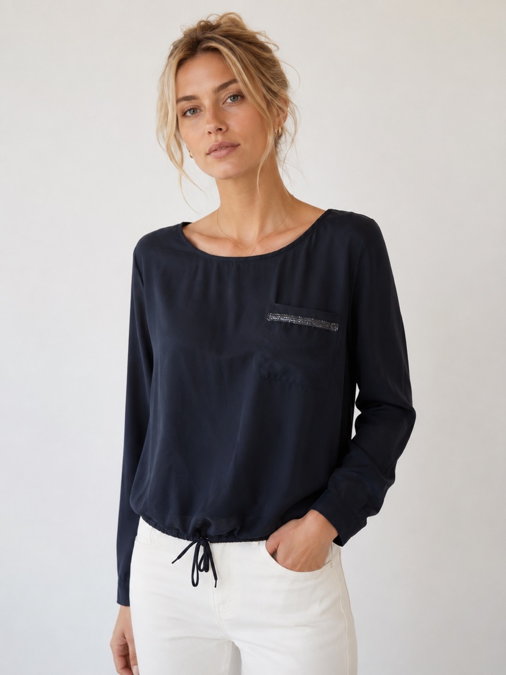 EsQualo Vegan Silk Blend Black Slinky Long Sleeve Blouse‎ Drawstring Hem Size 6